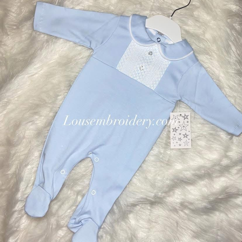 Boys smocked style babygrow blue