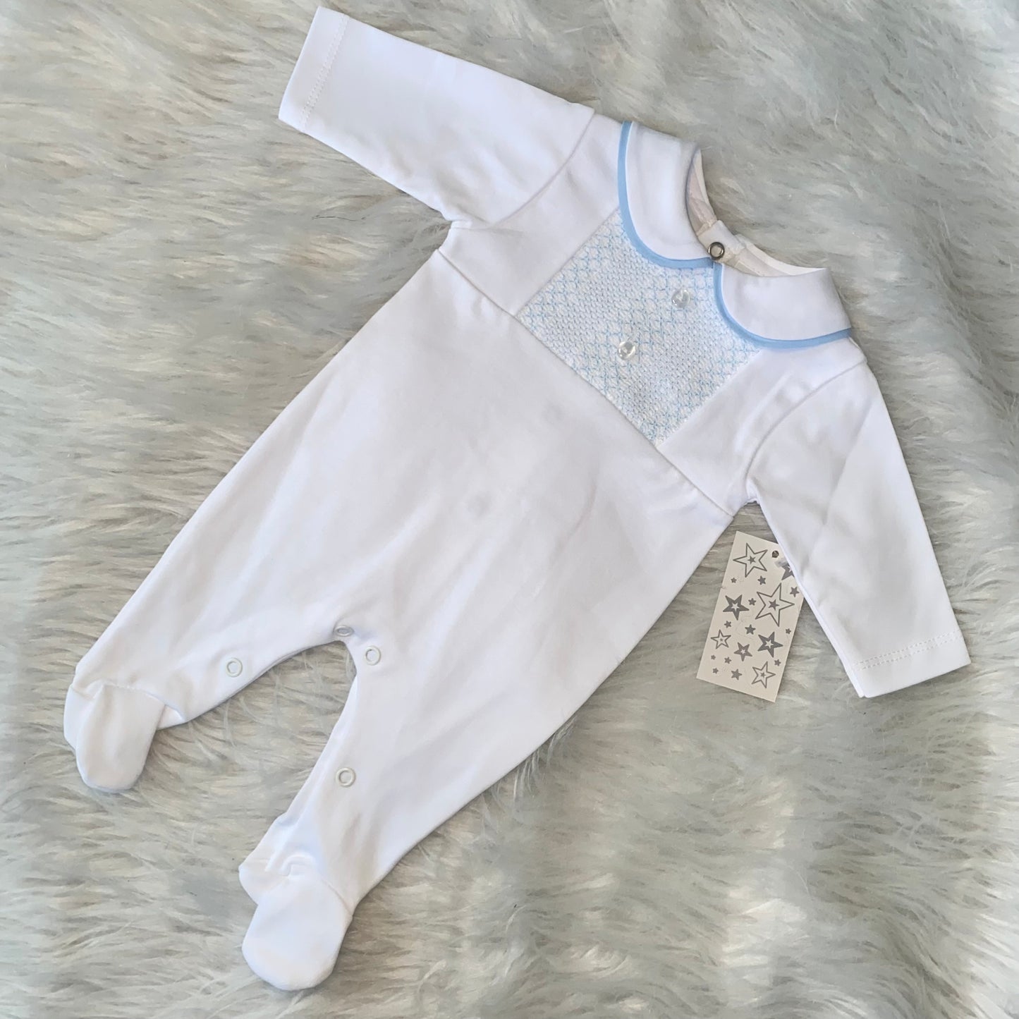 Boys white and baby blue smocked detail babygrow