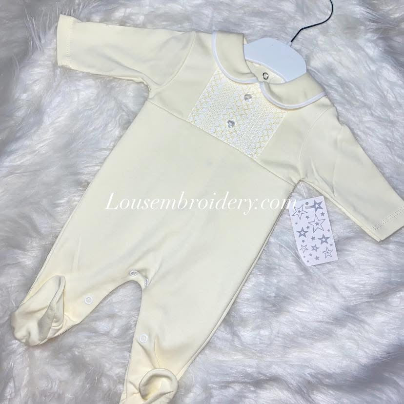 Boys smocked style babygrow lemon