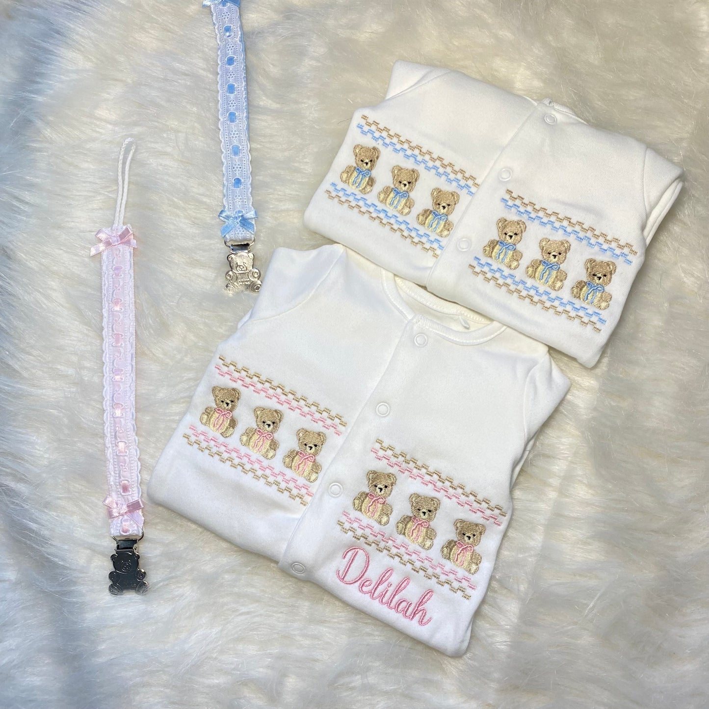 Faux smocking sleepsuit made to order