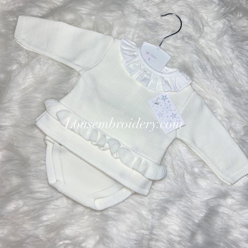 Girls frilled knitted pant set cream
