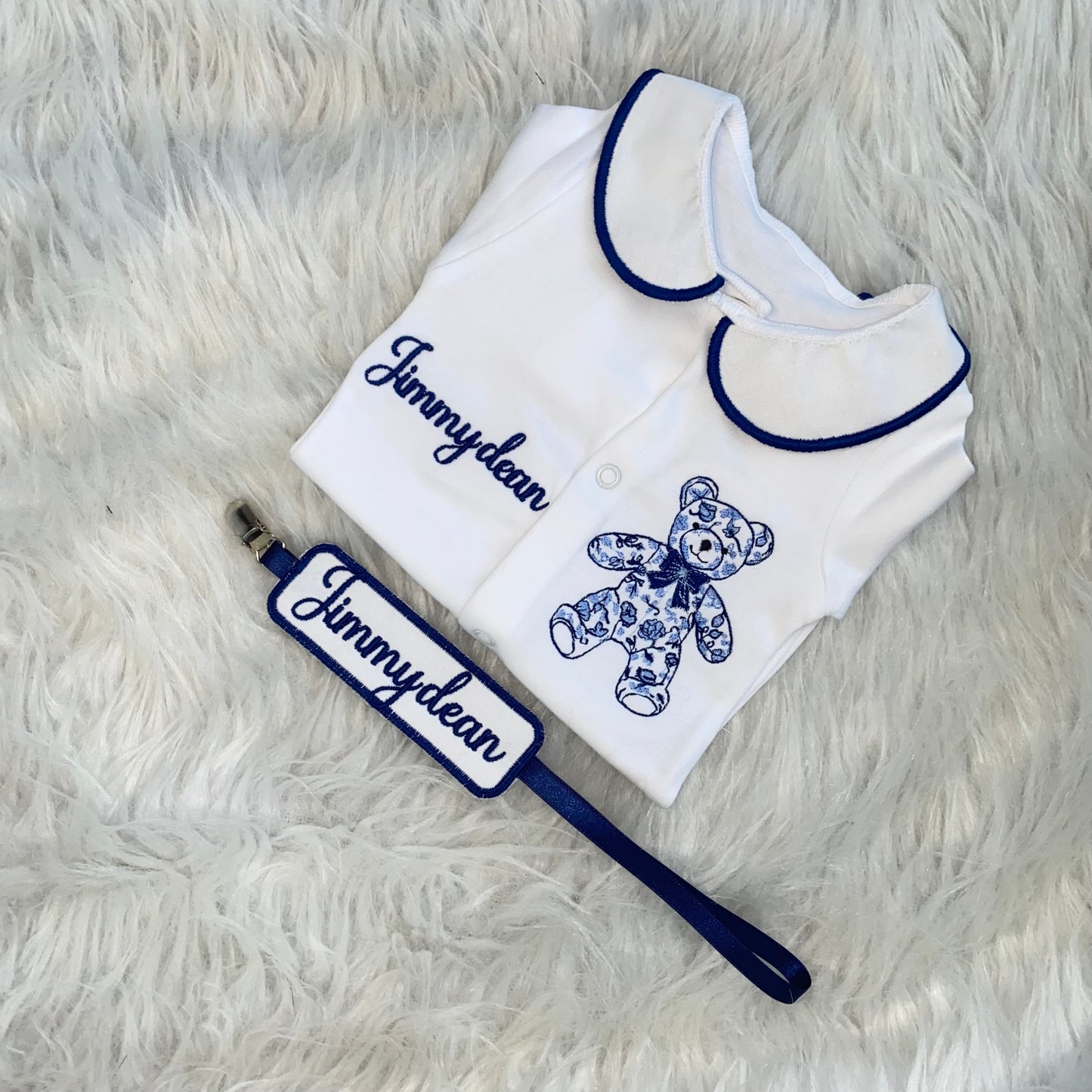 Babygrow and dummy clip bear set (MADE TO ORDER)