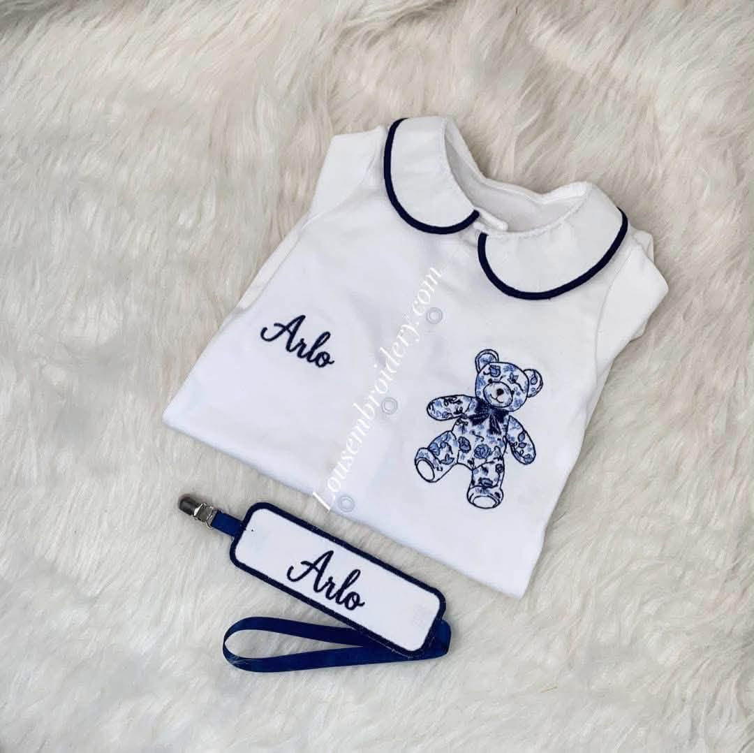 Babygrow and dummy clip bear set (MADE TO ORDER)