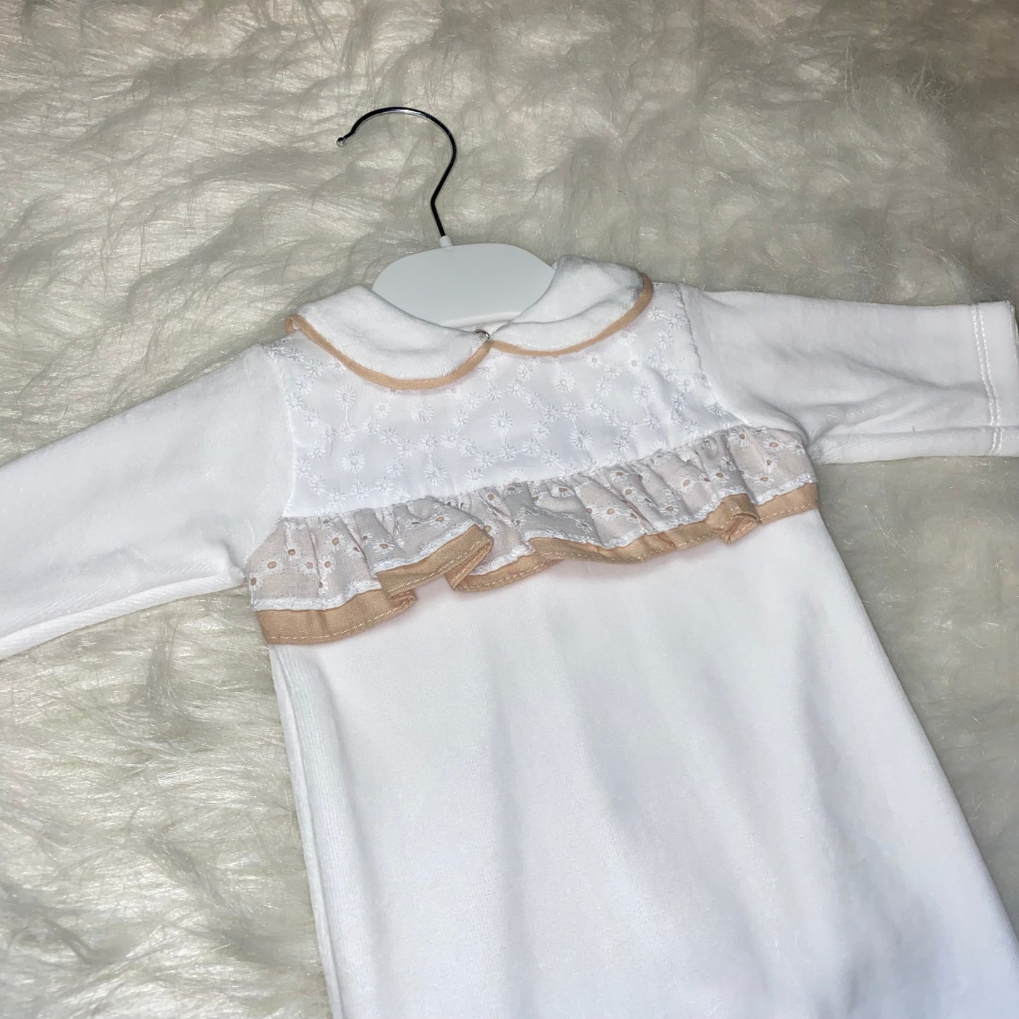 Velour babygrow with beige detail