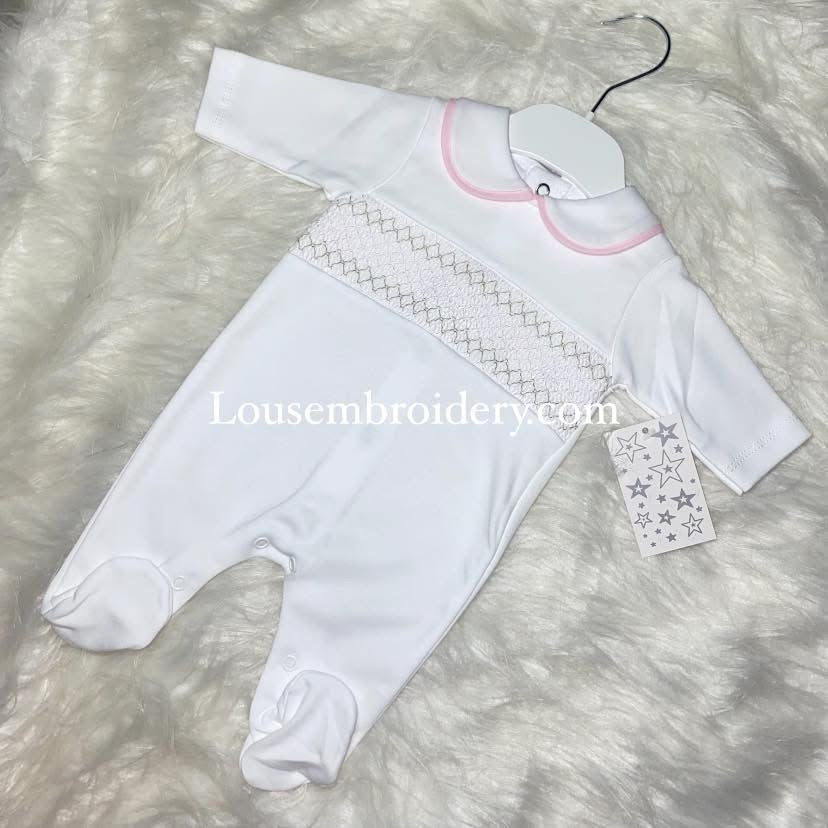 Girls smocked babybrow white and pink