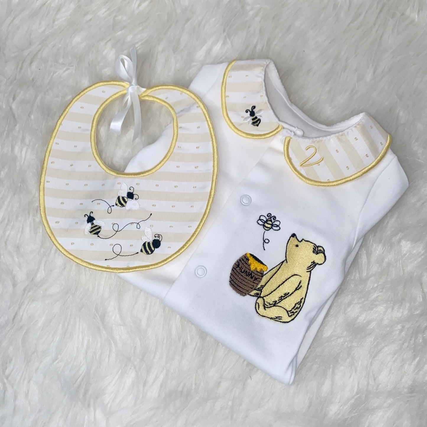 Pooh babygrow and bib set (made to order) scallop bib and collar can be requested