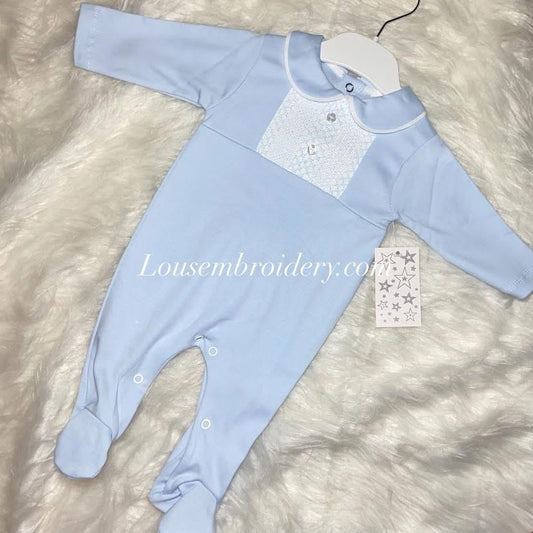 Boys smocked style babygrow blue