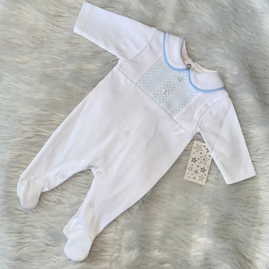 Boys white and baby blue smocked detail babygrow