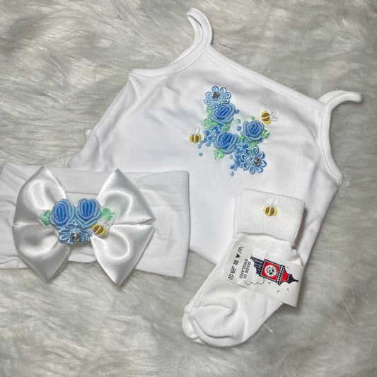 Girls hand embrodiery blue vest set 0-3m