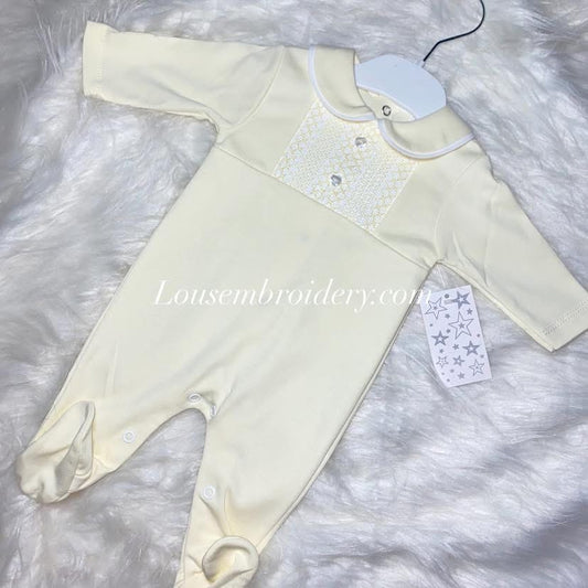 Boys smocked style babygrow lemon