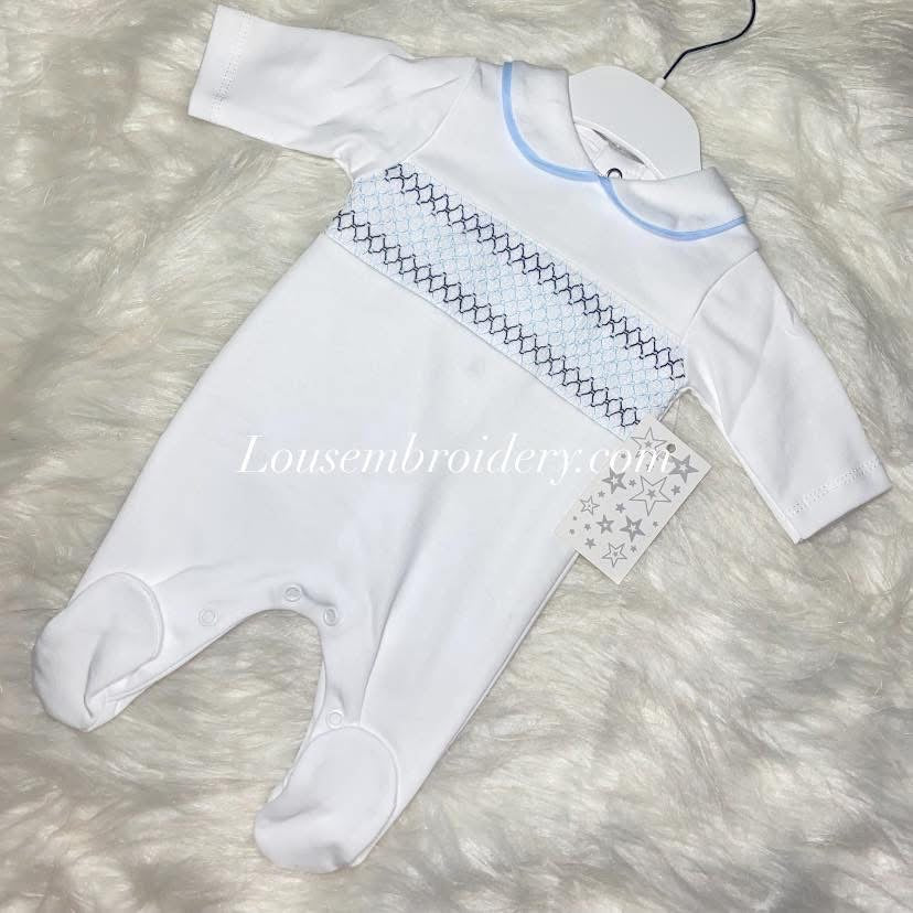 Boys smocked babygrow white and baby blue