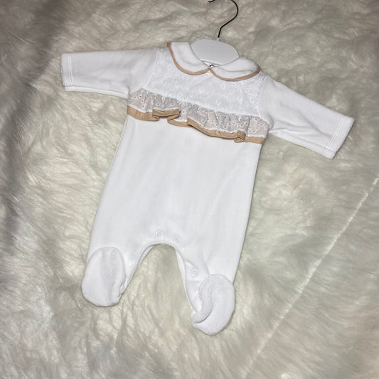 Velour babygrow with beige detail
