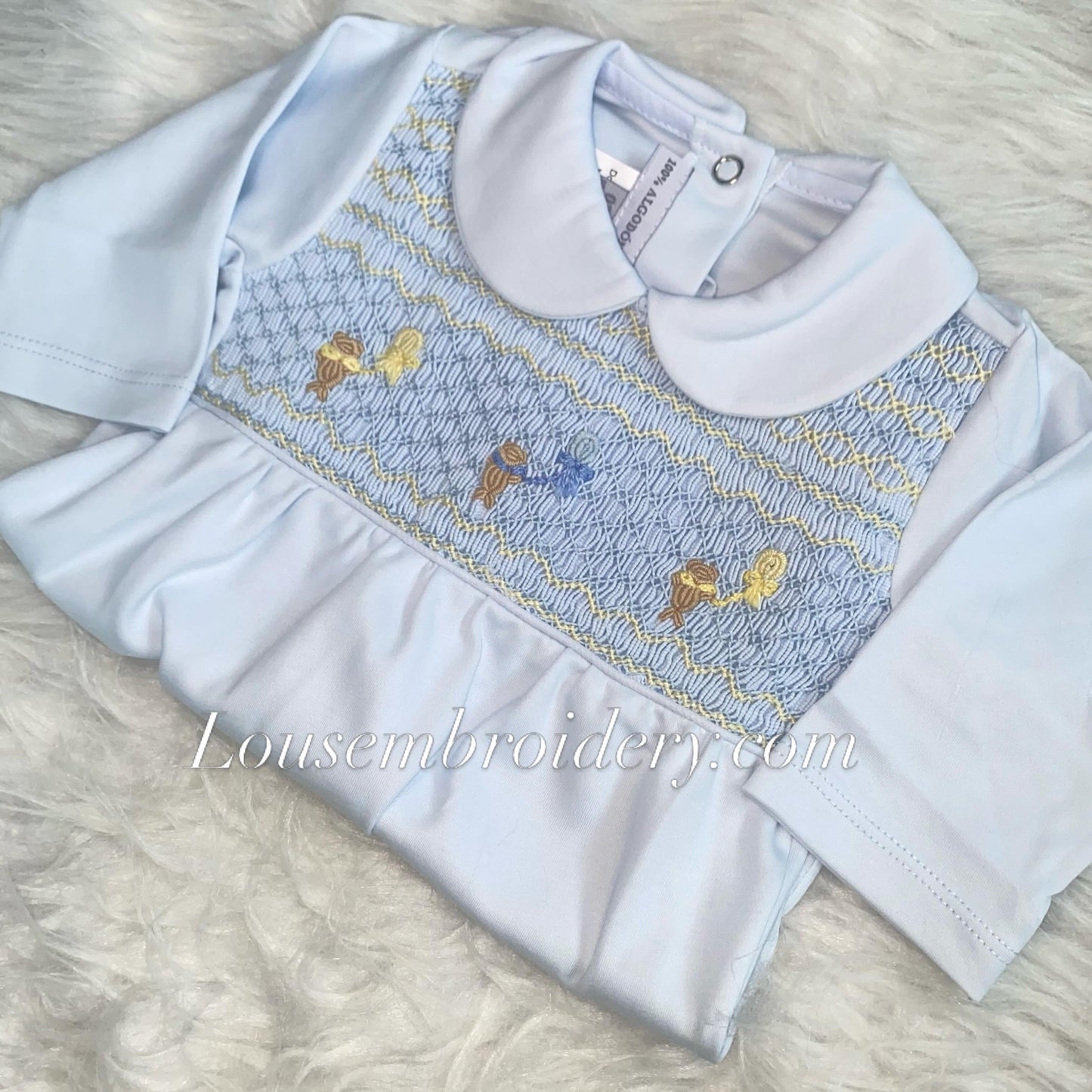 Bears holding balloons boys luxury Pima cotton smocked babygrow small sizing