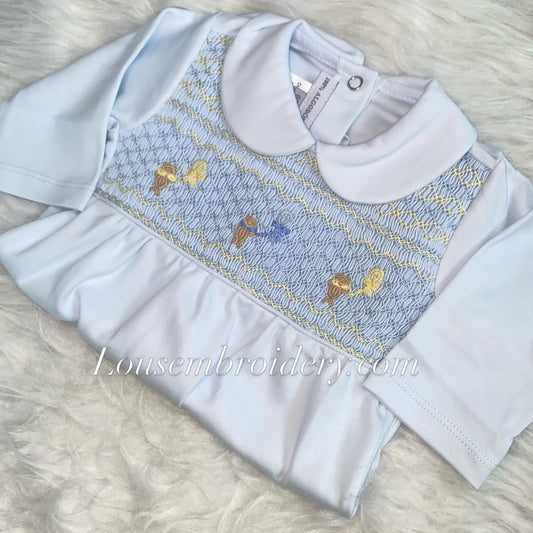 Bears holding balloons boys luxury Pima cotton smocked babygrow small sizing