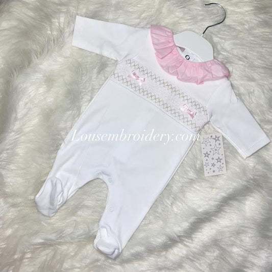Girls smocked style Babygrow white and pink