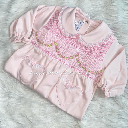 Pink garland luxury Pima cotton smocked babygrow small sizing