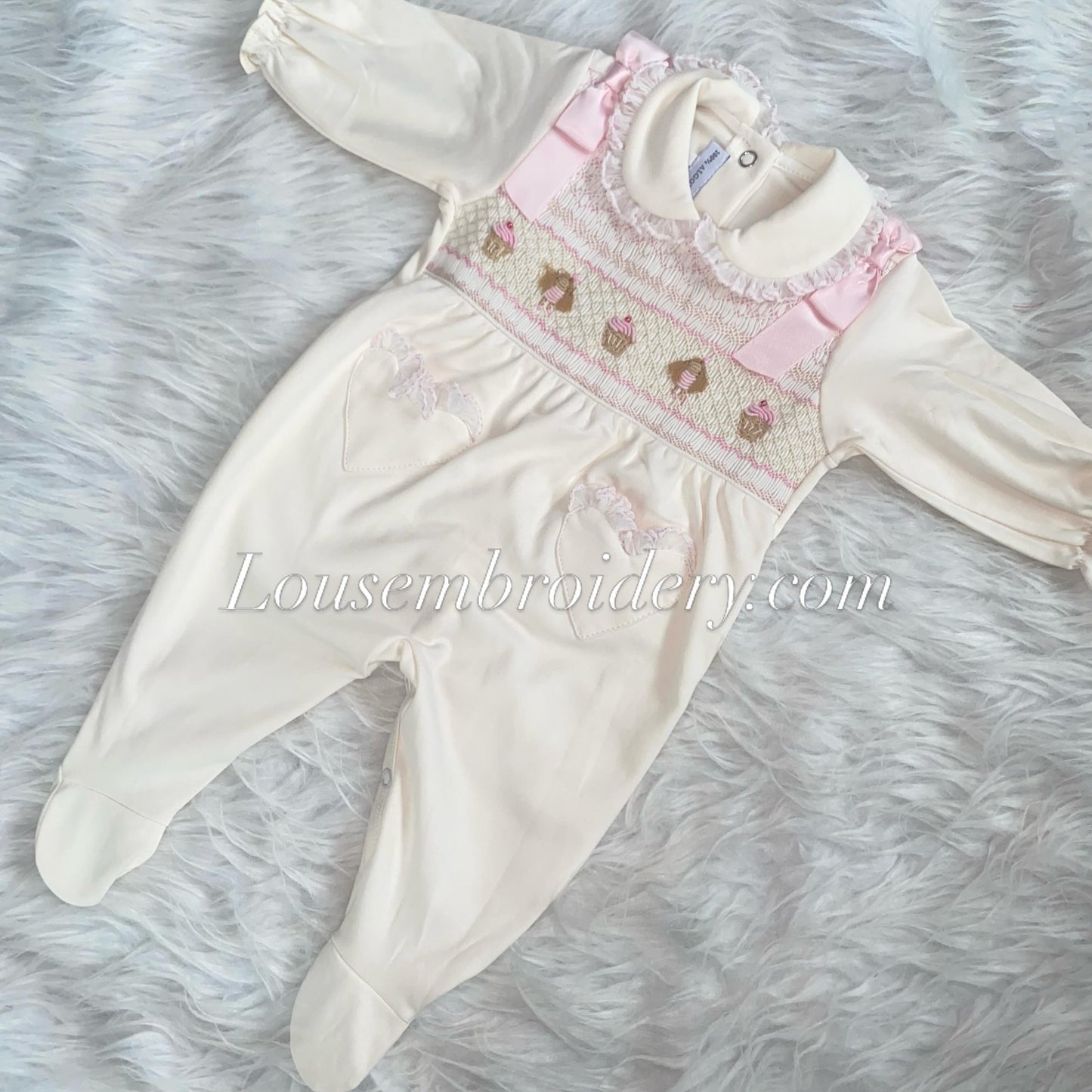 Dollies and cup cake luxury pima cotton smocked babygrow (smaller sizing)