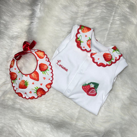 0-3m strawberry babygrow and bib READY TO POST leave name in notes