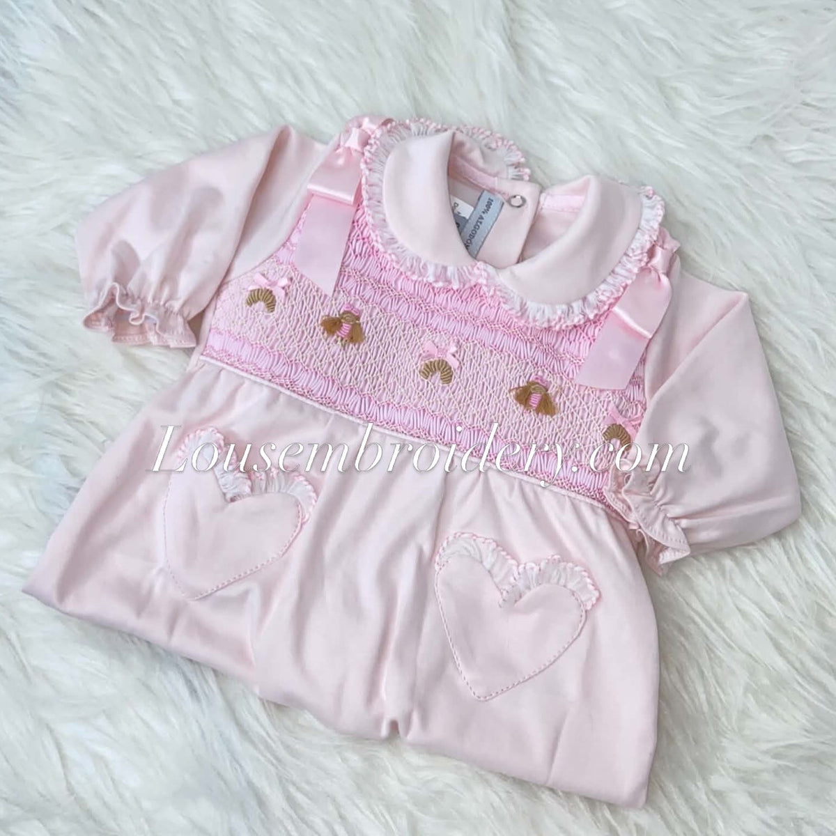 Smocked Dollys and croissants babygrows