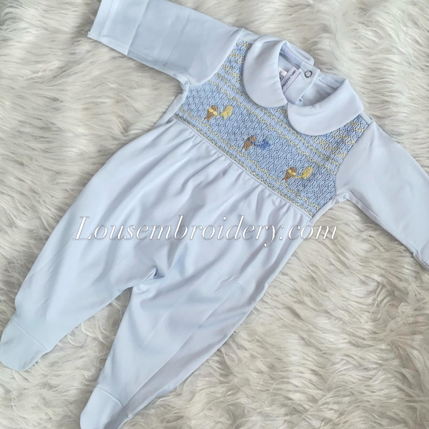 Bears holding balloons boys luxury Pima cotton smocked babygrow small sizing