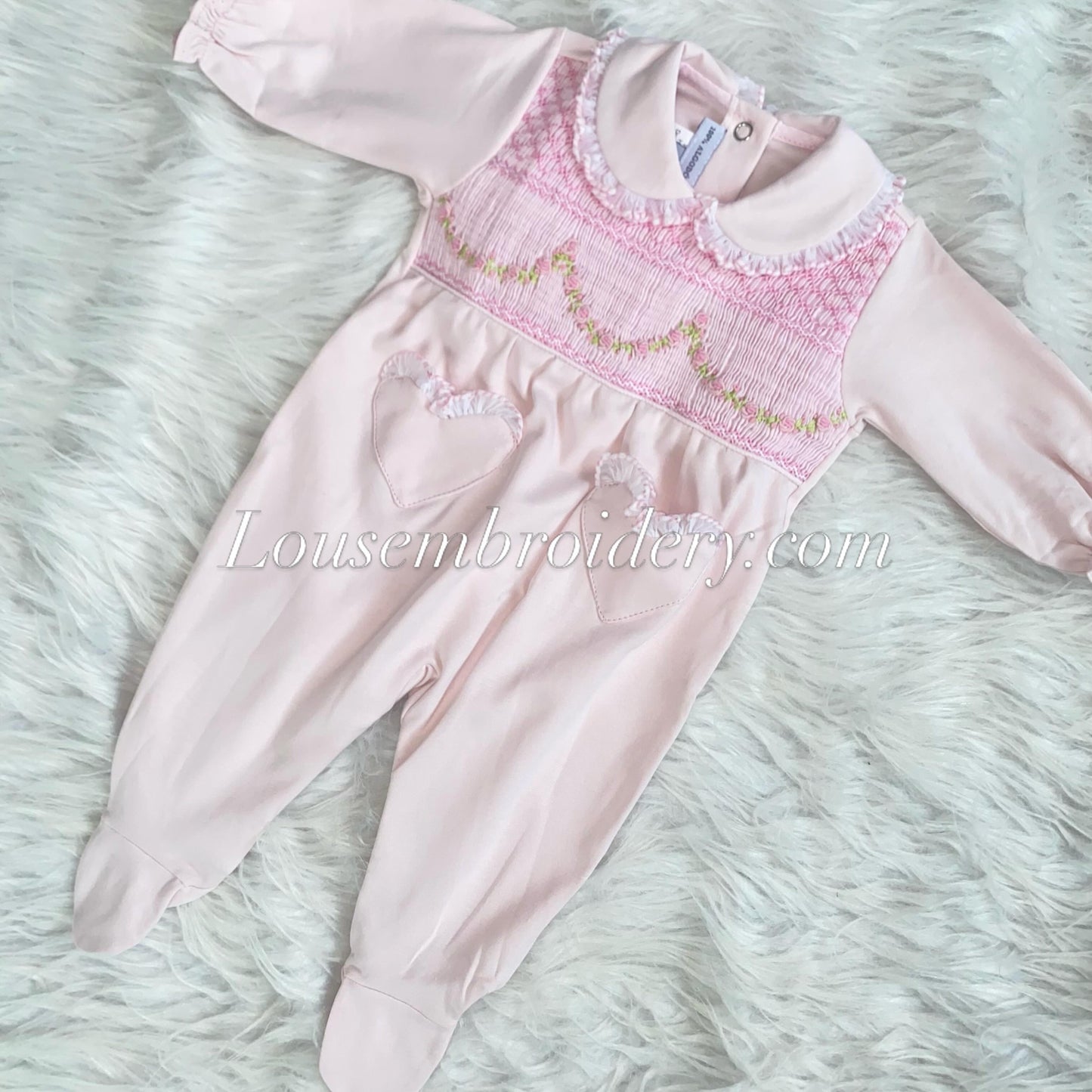 Pink garland luxury Pima cotton smocked babygrow small sizing