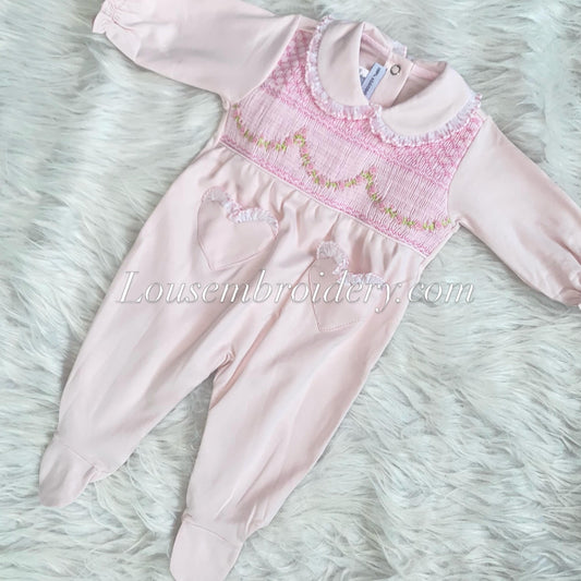 Pink garland luxury Pima cotton smocked babygrow small sizing
