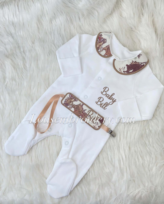 Cow boy babygrow with matching dummy clip