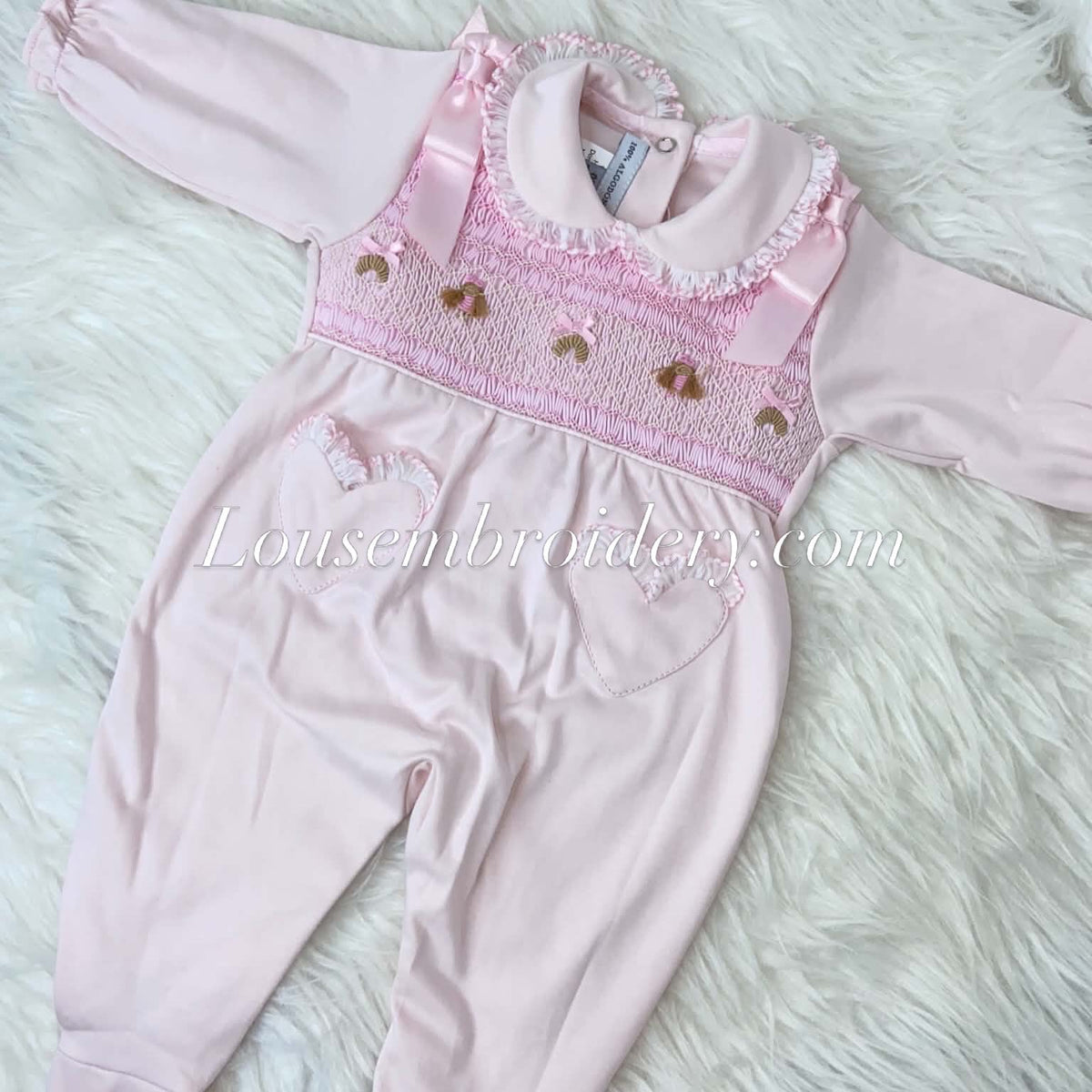 Smocked Dollys and croissants babygrows