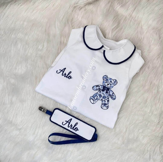 Babygrow and dummy clip bear set (MADE TO ORDER)