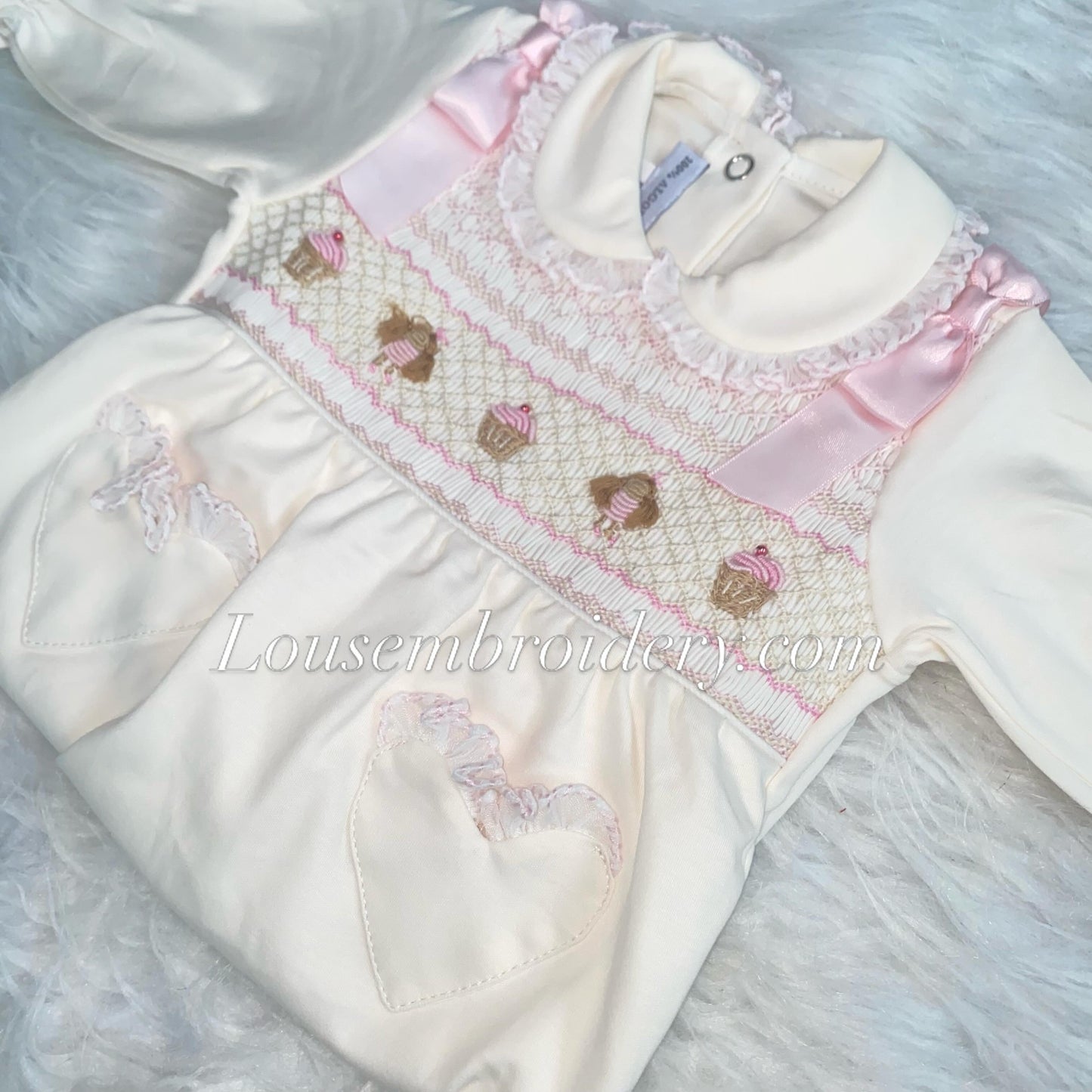 Dollies and cup cake luxury pima cotton smocked babygrow (smaller sizing)