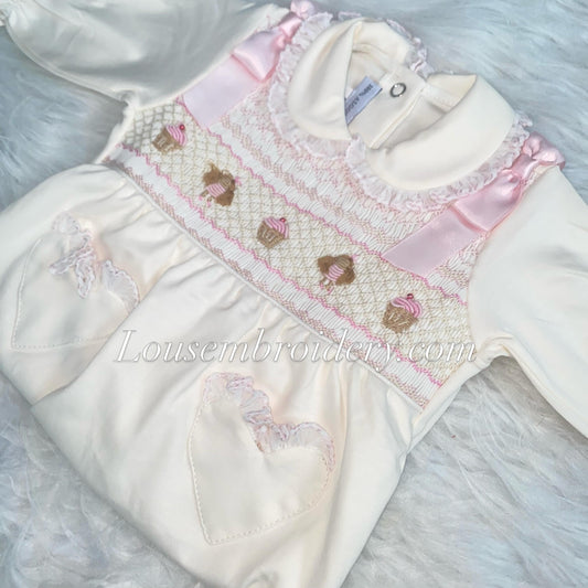 Dollies and cup cake luxury pima cotton smocked babygrow (smaller sizing)