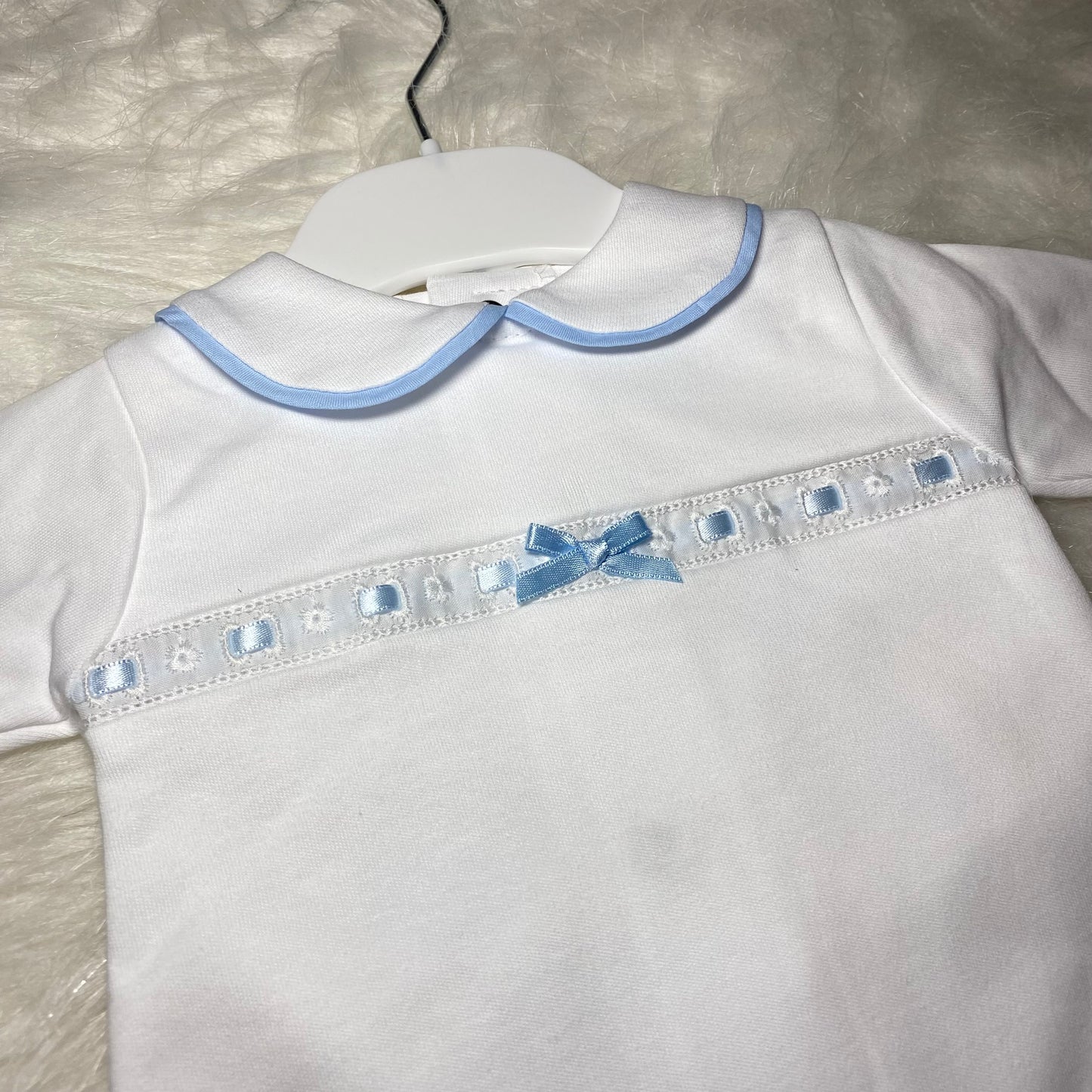 blue and white detail babygrow