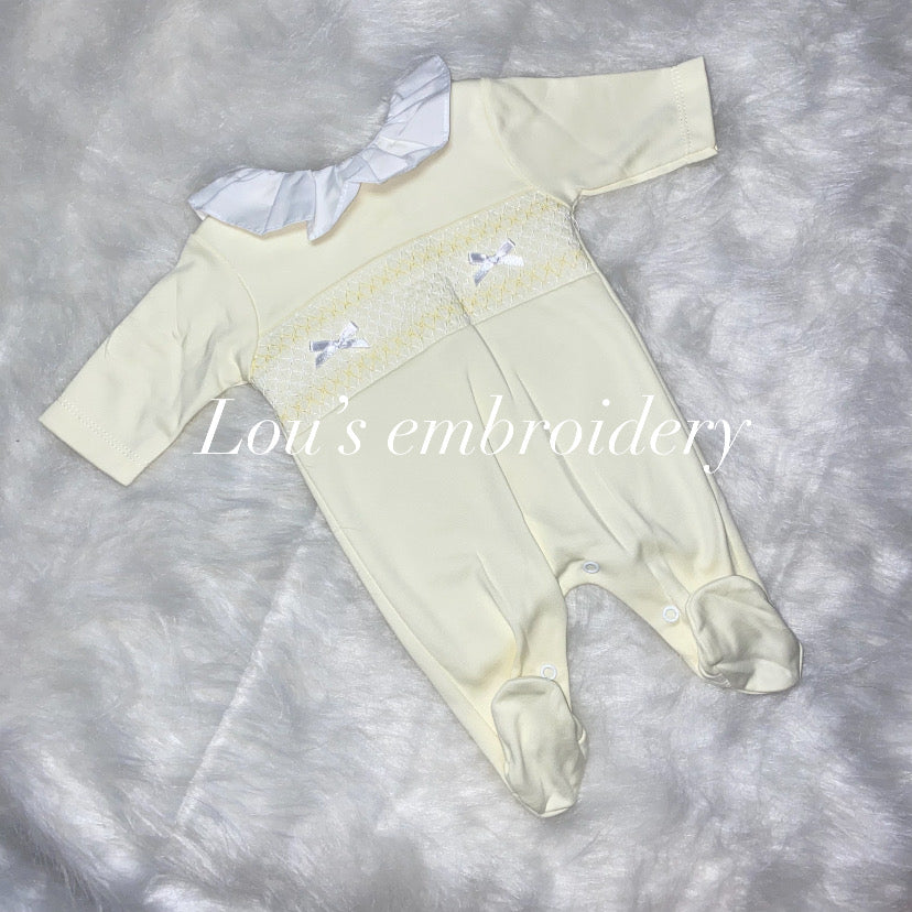 Girls smocked style Babygrow lemon