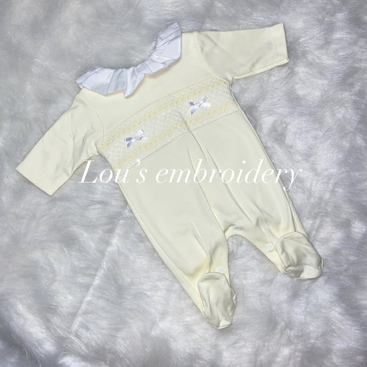 Girls smocked style Babygrow lemon