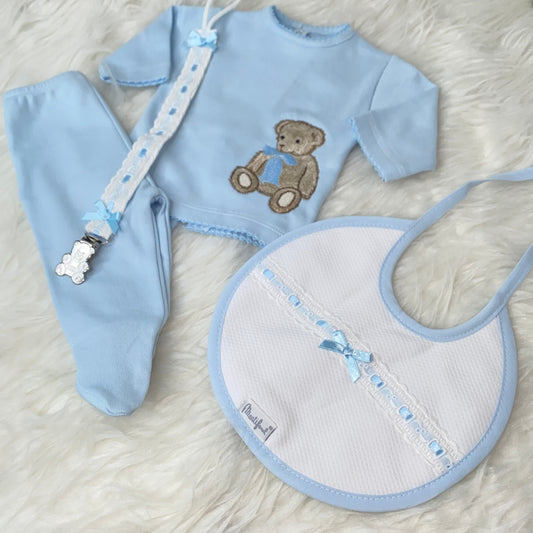Bear set (two peice, bib , dummy clip )