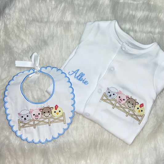 Farm babygrow and bib (MADE TO ORDER)
