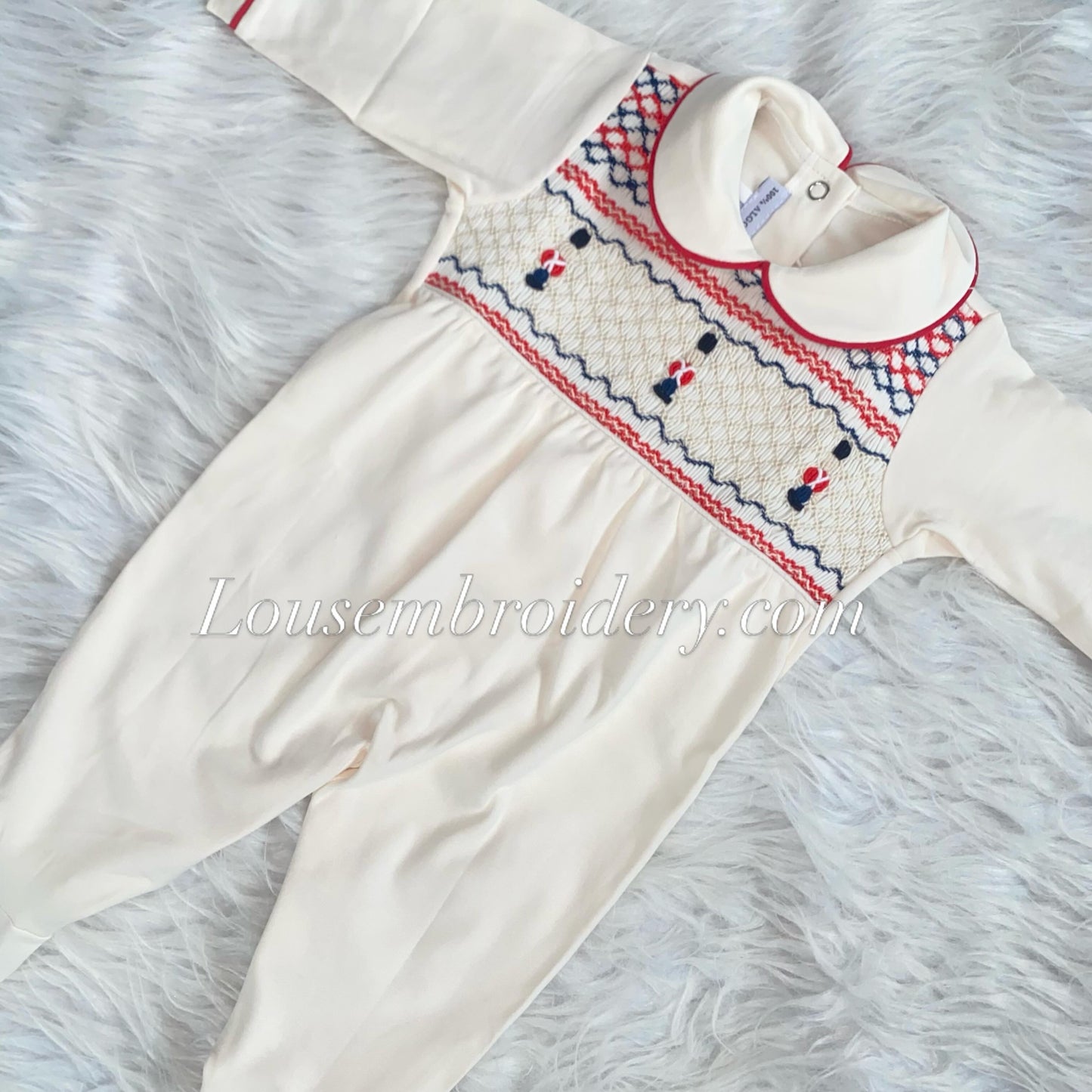 Soldiers boys luxury pima cotton smocked babygrow small sizing