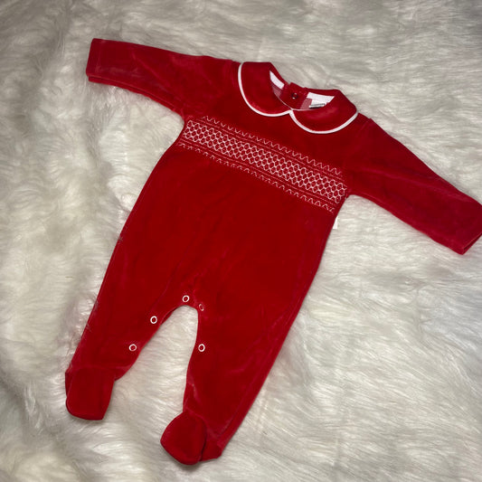 Boys red smocked velour babygrow