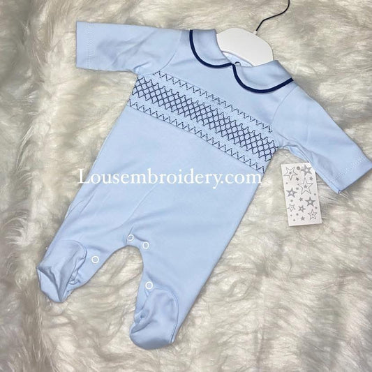 Boys smocked babygrow baby blue and navy