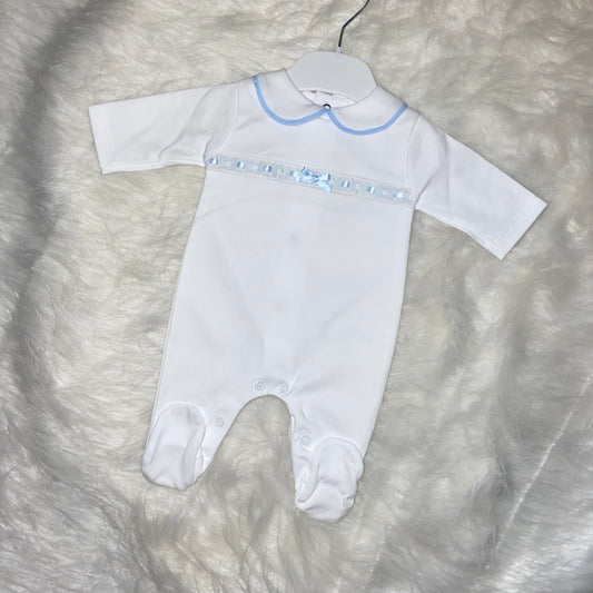 blue and white detail babygrow