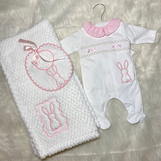 Newborn, babygrow, blanket and bib bunny set